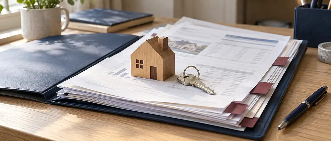 Mortgage documents with a wooden house and house key