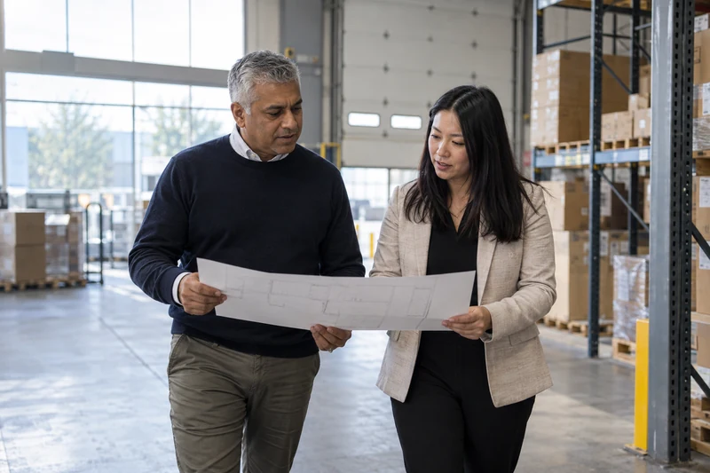 Business owner and advisor reviewing a building floor plan inside a warehouse