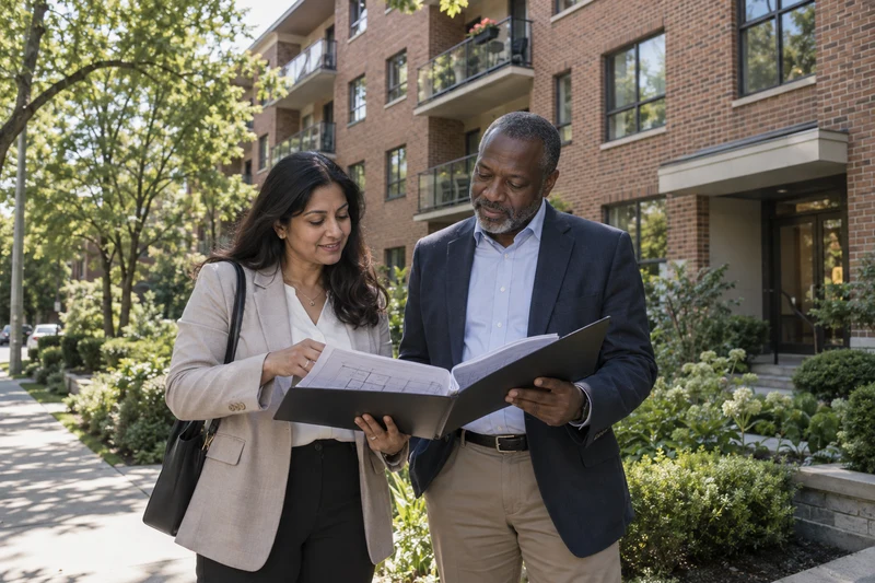 Smiling investor and property manager reviewing plans outside a brick apartment building