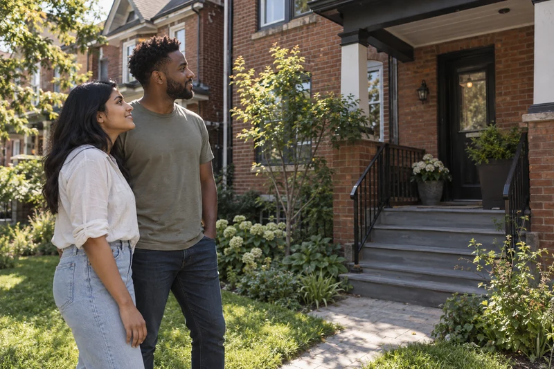 Young couple looking toward the porch of a brick home from the front garden