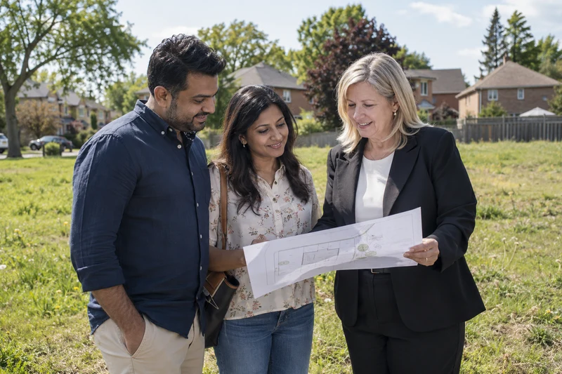 Smiling couple and advisor reviewing a site plan on a vacant residential lot