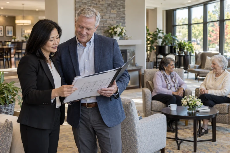 Smiling residence operator and advisor reviewing plans in a retirement residence lounge