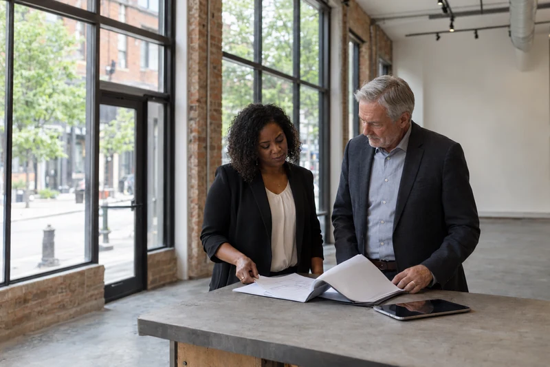 Two business partners reviewing property documents inside a vacant commercial unit