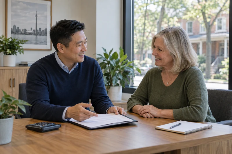 Smiling homeowner and advisor discussing a debt consolidation review in a Toronto office